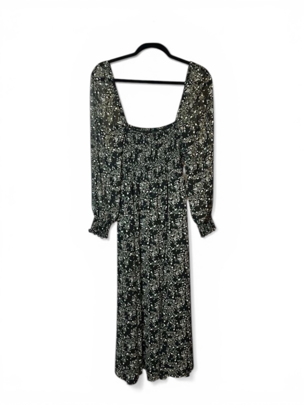 o.p.t. Anthropologie Sz M Smocked Boho Western Maxi Dress Black Floral